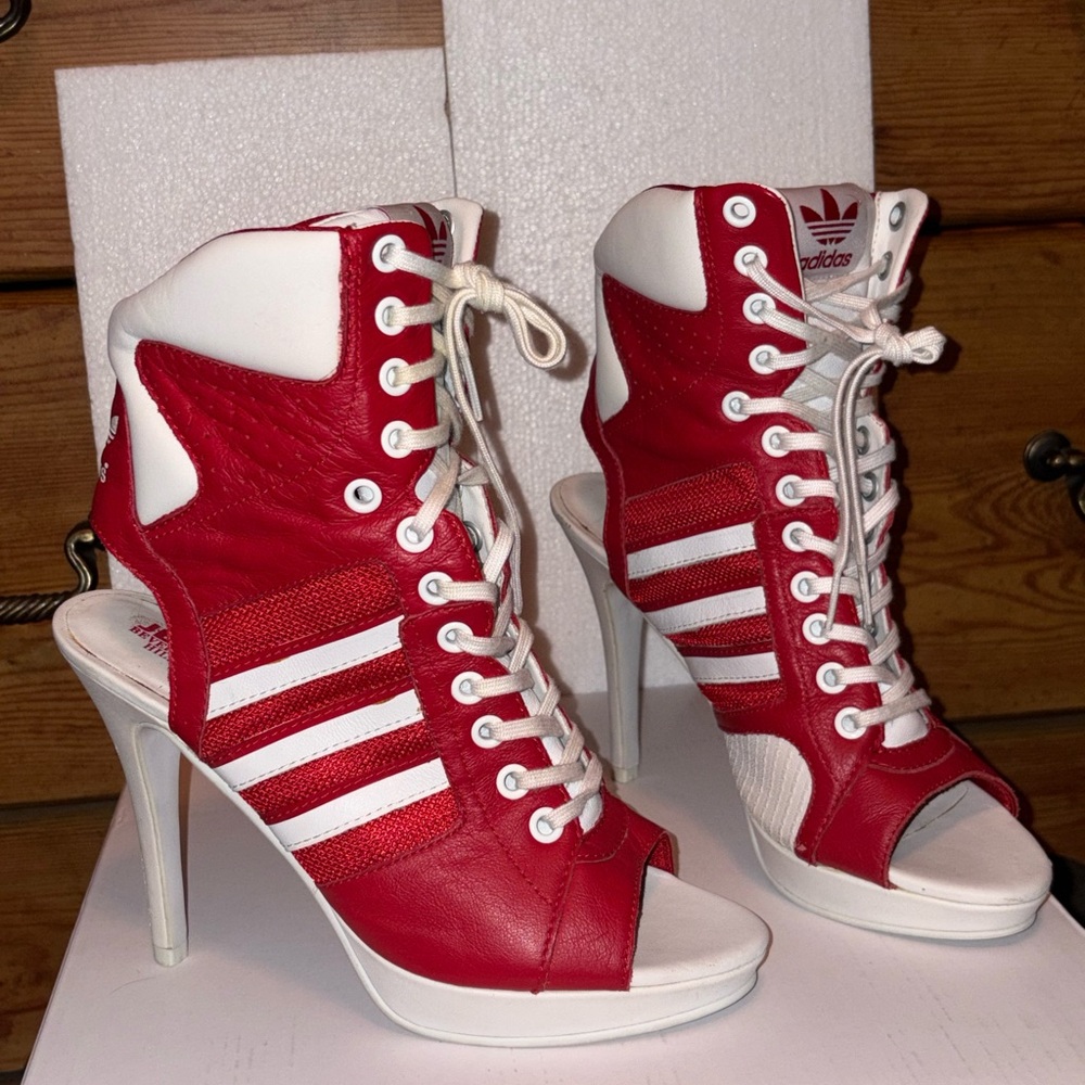 RARE Jeremy Scott Adidas Red Heels Lace Up Sneaker Booties